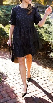 Tiered Black Embellished Puff Sleeve Dress