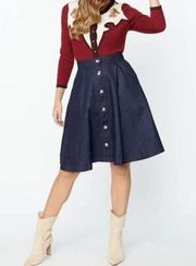 Unique Vintage  Denim Rhinestone Button Up Swing Skirt with Pockets 4X