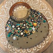 Vintage olive green beaded crescent moon bag