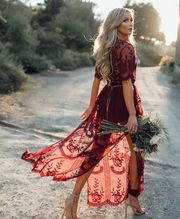 NEW Wine Red Lace V-neck Short Sleeve Boho Maxi Dress