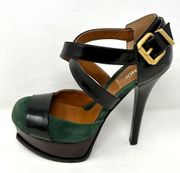 Fendi Green Suede Black Leather Round Toe Logo Wooden Sole Platform Heels Pumps