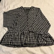 Very J Oversized Black Striped Blouse. Size Small. Button 3/4 Front. Ruffle