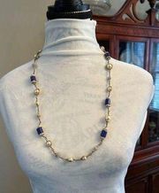 J Crew cobalt blue and Pearl necklace gold tone statement preppy beaded long