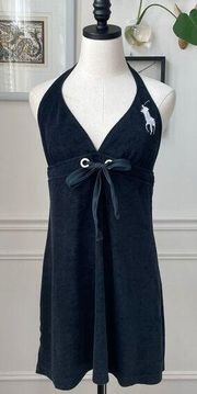 Vintage Y2K Ralph Lauren Black Terrycloth Halter Dress Huge White Polo Pony L