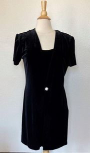 Vintage 90’s Solid Black Velvet Mock Cardigan Short Sleeve Cocktail Dress