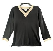 Misook Womens Long Sleeve V Neck Knit Blouse Small Petite Black Beige Vintage