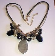 Lane Bryant Black Silver Tone & Gold Tone Beaded Boho Stone Boho Necklace