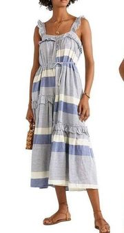 NEW Apiece Apart Dress Ruffle Stripe Maxi Dress White Blue Size 2