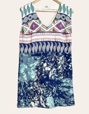 Tibi Aztec Mixed Print 10% Silk Sleeveless V-Neck Mini Shift Dress Size 6