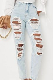 Light Blue Wash Vintage Distressed Ripped Mom Jeans