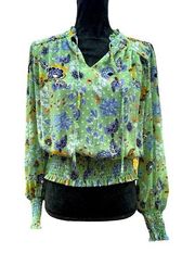 Rachel Zoe Floral Smocked Ruffle Trim Semi Sheer Blouse Green Purple Size  Small