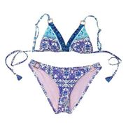 Nanette Leopore Azalea Blue Purple Floral Paisley Tasseled Triangle Bikini 6