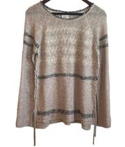 Knox Rose Sweater Women M Tan Crew Neck Long Sleeve Open Knit Lace Up Sides