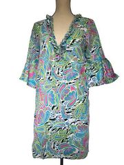 Bag Lady Mudpie Linen Dress Swim Coverup Size Medium Blue Paisley Ruffle Beach