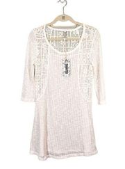 Monoreno Women's White Knit Lace Sheer Trim Scoop Neck Mini Dress Medium NWT