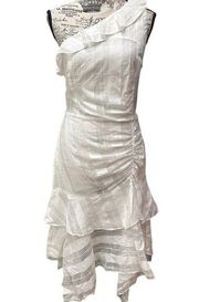 Parker White One Shoulder Ruffle Tiered Midi Dress Semi Sheer Women’s S NWOT