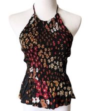 Floral Smocked Halter Tank Top Black Size Large NWOT