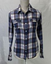 Plaid Blue Flannel Button Down Long Sleeve Shirt Size Small