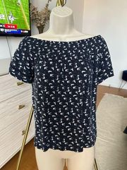 Max Jeans Swallows Print Navy Off the Shoulder Top