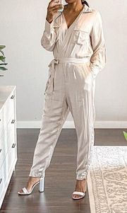 Adelyn Rae Satin Long Sleeve Jumpsuit in Nude size XSmall NWT