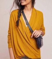 Akemi + Kin Anthropologie Waffle Knit Wrap Sweater in Mustard Yellow