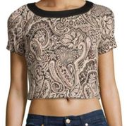 ECI NEW YORK Tan Beige Black Gold Metallic Paisley Jacquard Crop Top Blouse XL