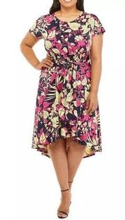 Robbie Bee Plus Size High-Low Midi Dress Navy Multi 2X