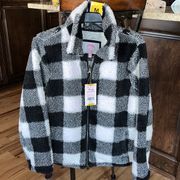 Cozy Jacket Fluffy Zip Black White Checkerboard Sherpa Comfy Womens Medium New