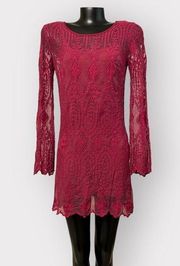 Ecote Red Mesh Lace Long Sleeve Mini Dress Womens sz M Soft Pink Burgundy Sexy