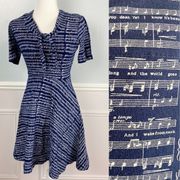 Effie's Heart Skater Dress Music Note Print Tie Neck Retro Rounded Neck Sz Small