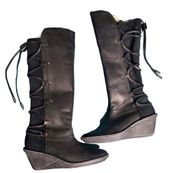 OTBT Abroad Black Leather Knee High Lace-Up Shearling Lined Wedge Boots 7.5