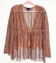 Venezia Jeans Vintage Y2K Lace Top with Fringe Hemline Brown