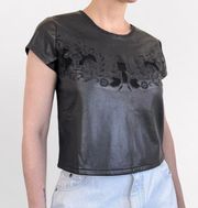 Romeo + Juliet Boxy Crop Top Small Faux Leather Embroidered Floral Cap Sleeve