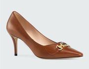 Gucci Zumi Gold and Silver Logo 75mm Leather Horsebit Pumps