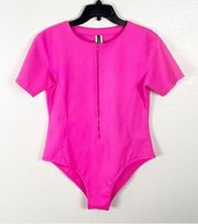 PRETTYLITTLETHING Hot Pink Scuba Front Zip One Piece Bathing Suit, Size 10