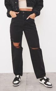 PRETTYLITTLETHING Washed Black Knee Rip Boyfriend Jeans