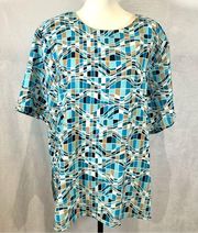 aqua blue and tan abstract print top size 2X