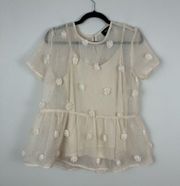 | Cream Pom Pom Peplum Sheer Layered Blouse Size Small Women's