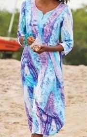 Soft Surroundings Women's Lagonlook Flax Blend Mumu House Coastal Tie Dye Dress