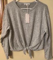 New  Long Sleeve Gray Heathered Tie Front Blouse