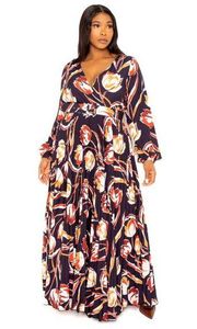 Buxom Curvy Women's Plus Blue Floral Long Sleeve Pleated Belted Maxi Dress 2X