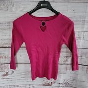 August Silk Barbie Pink Ribbed Keyhole 3/4 Sleeve Women's Blouse Size Large