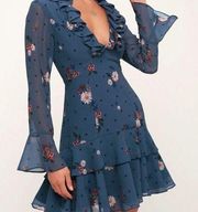 Keepsake Run Free Dark Slate Blue Floral Print Ruffled Long Sleeve Dress