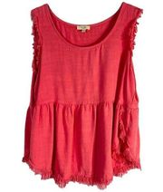 Kori Large Top Pink Fringe Trim Split Sides Babydoll Tank Peplum Linen 808