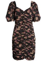 Open Edit Floral Print Ruched Charming Puff Sleeve Mini Dress Black Large