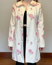 White and pink floral embroidered trench coat