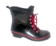 Glossy Black & Red Waterproof Short Lace-Up Rain Boots