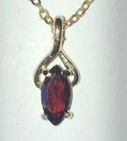 Vintage Gold Tone Dainty Marquise Cut  Red CZ Pendant Necklace