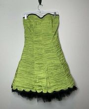 Jessica McClintock For Gunne Sax Lime Green Ruched Mini Dress Black Tulle 8 or 9