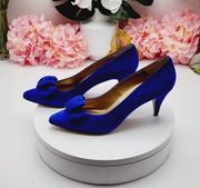 Morgan Taylor Pumps Blue Leather Suede Bow Pointed Toe Cone Heels Shoes Sz 9B